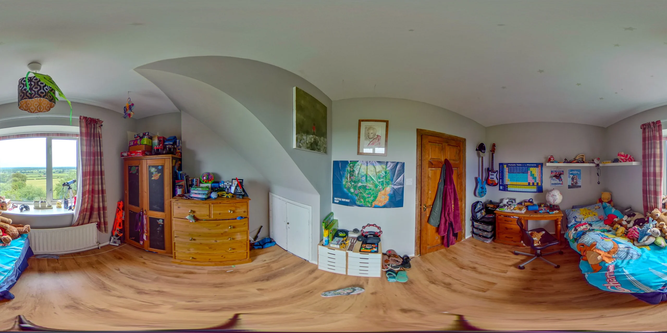 360-degree view of a kids room - Featuring a comfortable bed and a desk, creating a perfect space for study and rest.