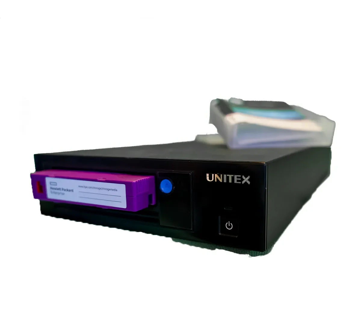 Black and purple LTO backup drive with purple label