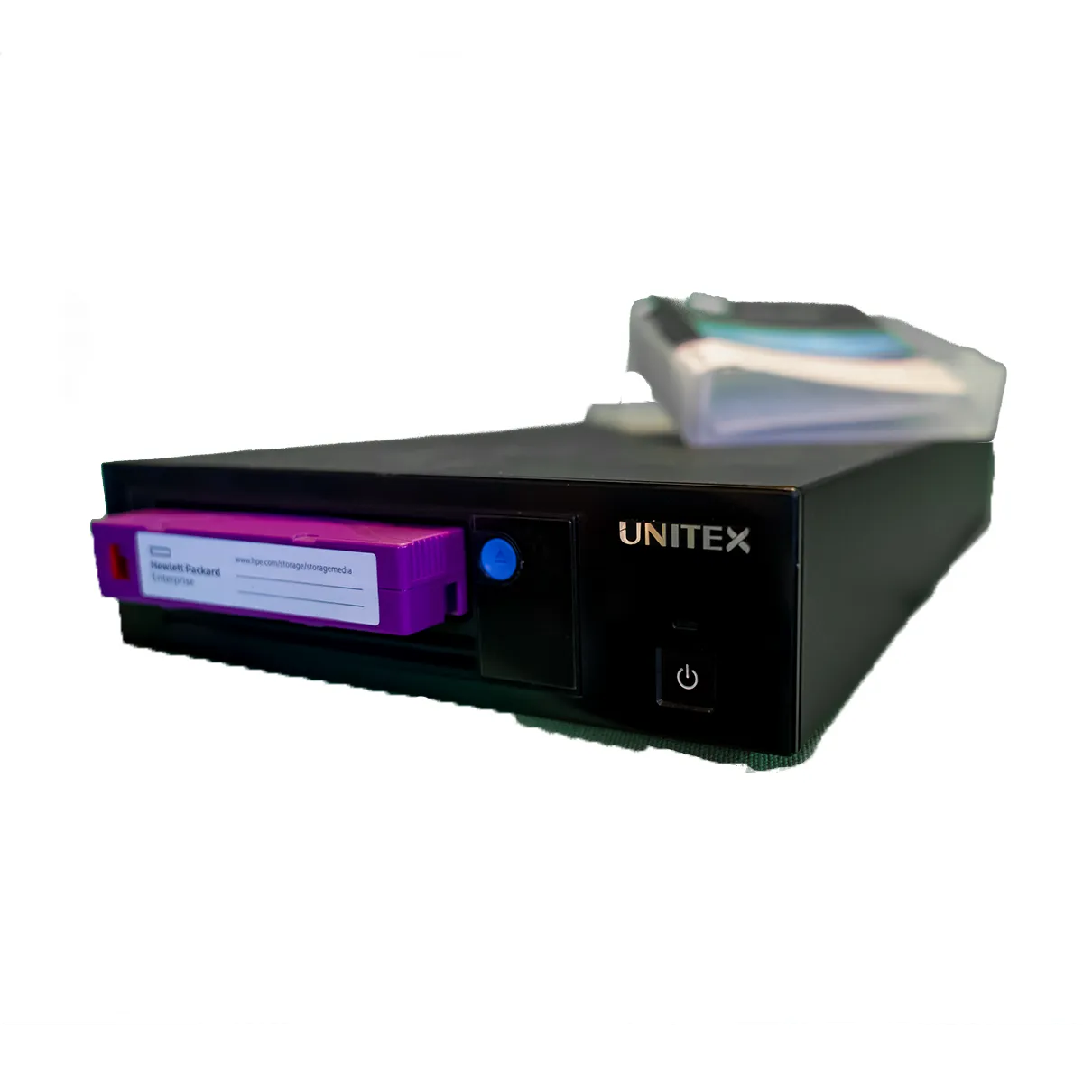 Black and purple LTO backup drive with purple label
