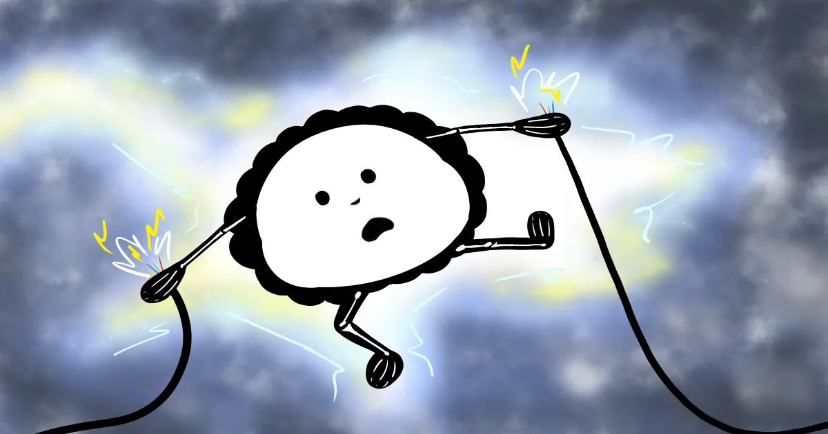 Cartoon character holding a cord, experiencing electric shock.