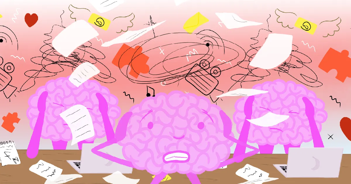 Cartoon brain surrounded by flying papers, symbolizing stress in work place.