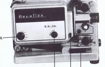 An electronic device, Heurtier P6-24 Silent Projector, with labeled parts, reminiscent of old-fashioned technology.