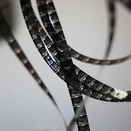 Collection of black and white film strips on a white background. Film Tape.